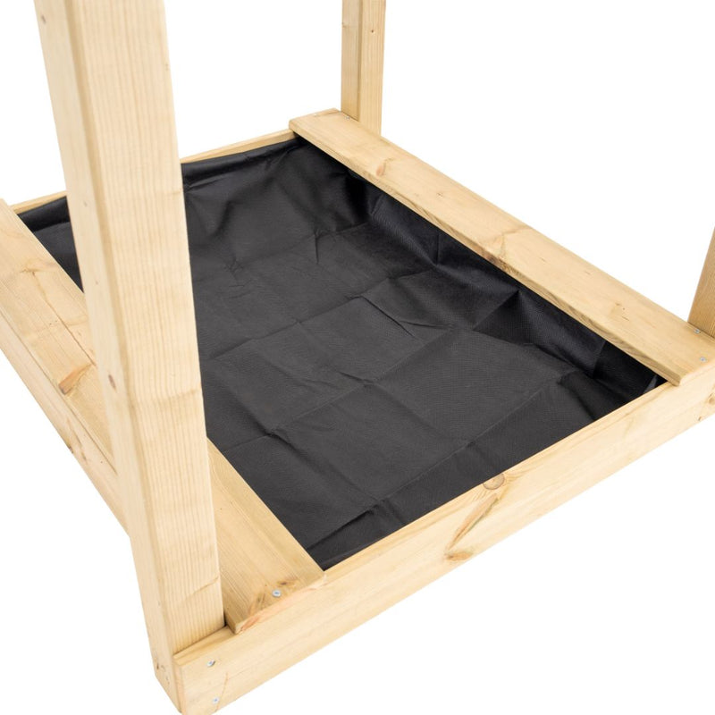 A close-up of the TP Toys Skywood Wooden Lookout Tower’s frame, featuring a black fabric liner at the base—an FSC® certified playset with a 3m super wavy slide, perfect for outdoor fun.