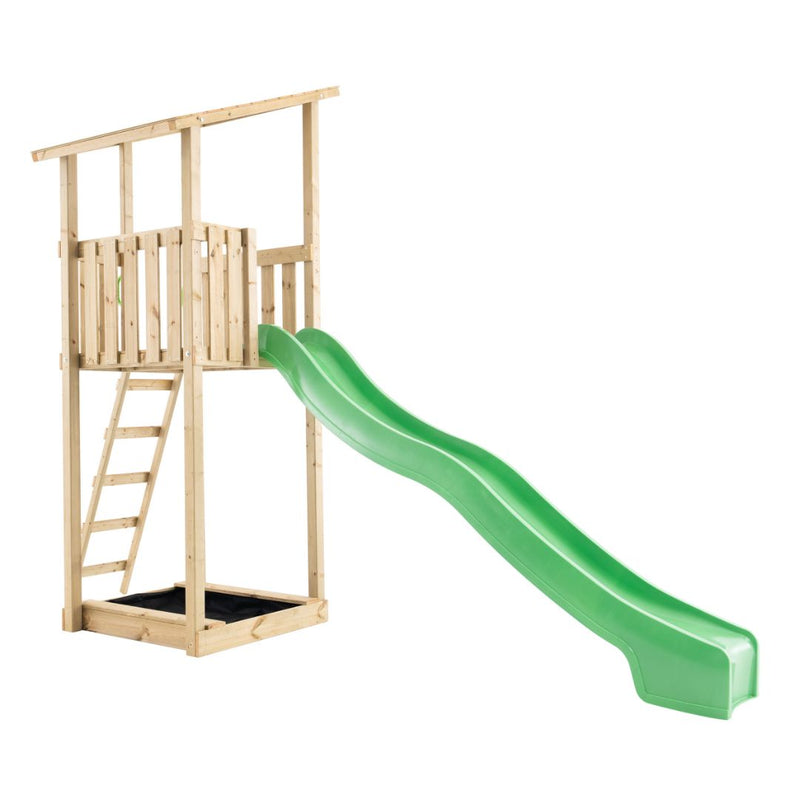 The TP Toys Skywood Wooden Lookout Tower features a ladder, raised platform, partial roof, and a 3m super wavy slide—FSC® certified and perfect for kids who love modular climbing frames.
