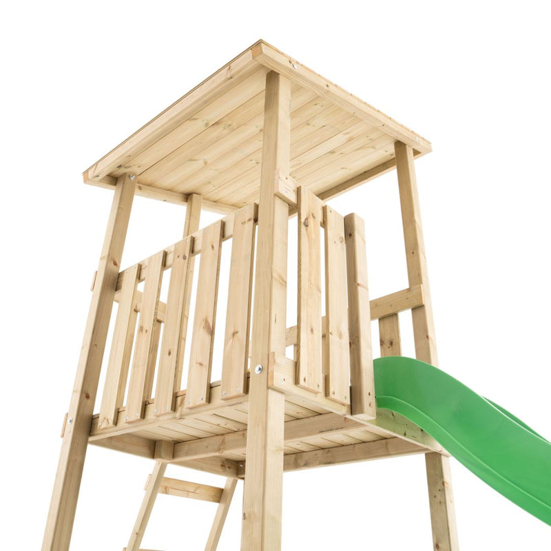 The TP Toys Skywood Wooden Lookout Tower with a 3m Super Wavy Slide (FSC® certified) features a slatted roof, ladder, and railing—perfect as an outdoor modular climbing frame playset, shown isolated on a white background.