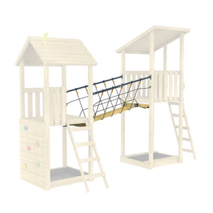 The TP Skywood Wooden SkyWalk Bridge by TP Toys is an FSC® certified playground featuring two towers linked by a wooden rope bridge, a climbing wall on one tower, and ladders to each platform.