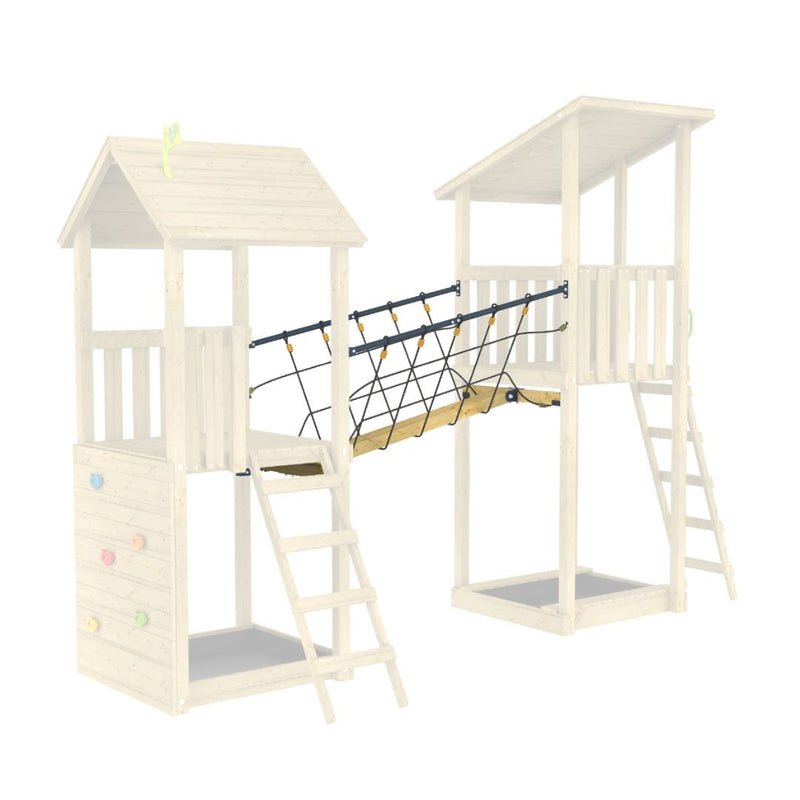 The TP Skywood Wooden SkyWalk Bridge by TP Toys is an FSC® certified playground featuring two towers linked by a wooden rope bridge, a climbing wall on one tower, and ladders to each platform.