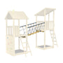 The TP Skywood Wooden SkyWalk Bridge by TP Toys is an FSC® certified playground featuring two towers linked by a wooden rope bridge, a climbing wall on one tower, and ladders to each platform.