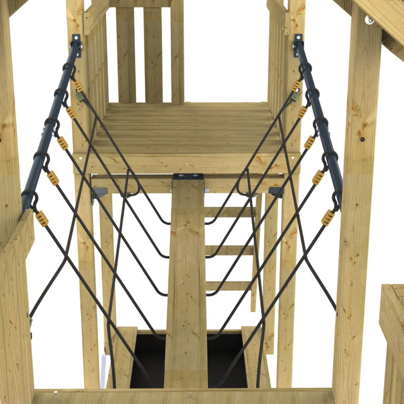 The TP Toys TP Skywood Wooden SkyWalk Bridge - FSC® certified connects two platforms with a wooden rope bridge and sturdy metal fastenings, offering a sustainable upgrade to modular climbing frames.