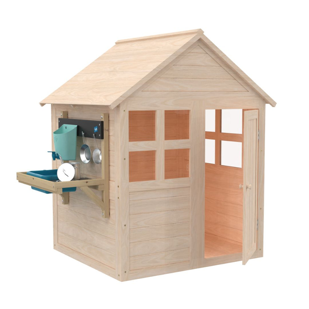 The TP Toys Buttercup Cottage Wooden Playhouse with Floor and Mud Kitchen is FSC® certified, featuring a pitched roof, windows, an open doorway, and an outdoor mud kitchen attached to one side.