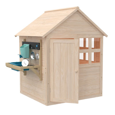 The Buttercup Cottage Wooden Playhouse with Floor and Mud Kitchen by TP Toys is crafted from FSC® certified wood, featuring a slanted roof, front door, window, and a play kitchen with utensils and a blue sink on one side.