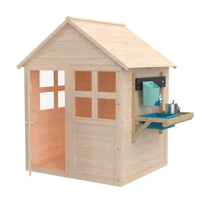 The Buttercup Cottage Wooden Playhouse with Floor and Mud Kitchen by TP Toys features a pitched roof, square windows, an open door, a side mud kitchen shelf, and is crafted from FSC® certified wood.