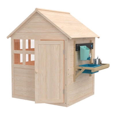The TP Toys Buttercup Cottage Wooden Playhouse with Floor and Mud Kitchen is made from FSC® certified wood and includes a pitched roof, door, windows, and a fold-out mud kitchen with utensils and containers.