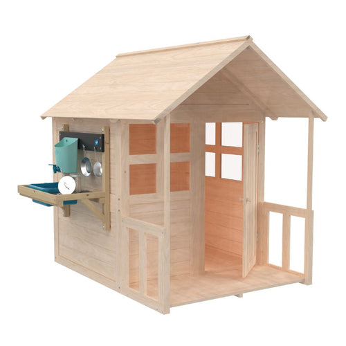 The Buttercup Cottage Wooden Playhouse by TP Toys is FSC® certified and features a floor, verandah, windows, and an attached mud kitchen.
