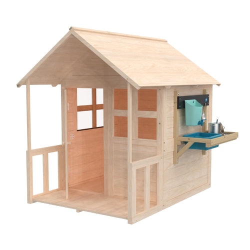 The Buttercup Cottage Wooden Playhouse by TP Toys is made from FSC® certified wood and features a floor, verandah, open door, windows, and an outdoor mud kitchen with pots and shelves for imaginative play.