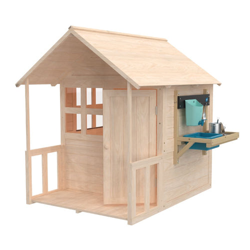 The TP Toys Buttercup Cottage Wooden Playhouse features a floor, verandah, and fold-out mud kitchen with toy utensils. Made from FSC® certified wood, it includes a door and windows for charming play.