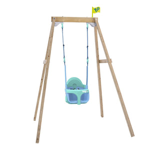 The TP Toys TP Forest Wooden Single Swing with Bluey Quadpod features a green and blue growable swing seat with harness, a small yellow flag on top, and is made from FSC® certified wood.