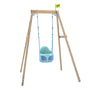 The TP Toys TP Forest Wooden Single Swing with Bluey Quadpod features a green and blue growable swing seat with harness, a small yellow flag on top, and is made from FSC® certified wood.