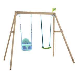 The TP Toys TP Forest Wooden Double Swing Bluey with Quadpod and Rapide Seats - FSC® certified features a Quadpod baby seat on the left and a standard Rapide seat on the right, both hanging securely from blue ropes.