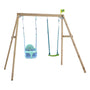 The TP Toys TP Forest Wooden Double Swing Bluey with Quadpod and Rapide Seats - FSC® certified features a Quadpod baby seat on the left and a standard Rapide seat on the right, both hanging securely from blue ropes.