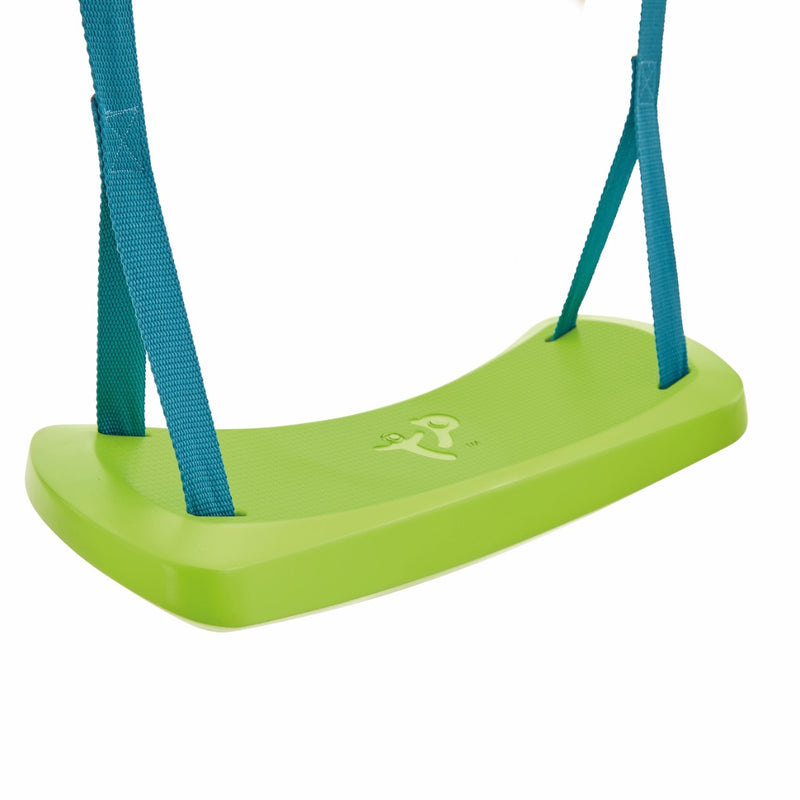 The TP Toys TP Forest Wooden Double Swing Bluey with Quadpod and Rapide Seats features blue straps and is perfect for a Double Swing Set, shown isolated on a white background. FSC® certified.