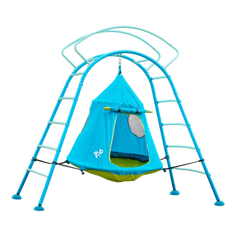 The TP Toys TP UFO Den & Climbing Frame Blue Edition features a sturdy blue metal frame and a suspended blue and green fabric tent with mesh window and doorway, sparking kids’ imaginations during outdoor play.