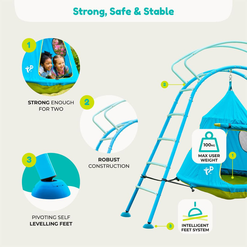 The TP UFO Den & Climbing Frame Blue Edition by TP Toys features a tent-like hanging seat for outdoor play, supports up to 100kg, fits two kids, and boasts robust construction with self-leveling, intelligent feet.