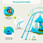 The TP UFO Den & Climbing Frame Blue Edition by TP Toys features a tent-like hanging seat for outdoor play, supports up to 100kg, fits two kids, and boasts robust construction with self-leveling, intelligent feet.