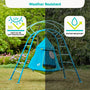 The TP Toys TP UFO Den & Climbing Frame Blue Edition inspires imaginative play in all weather, featuring UV 50 UPF protection and water resistance—illustrated with icons for safe, creative outdoor fun.
