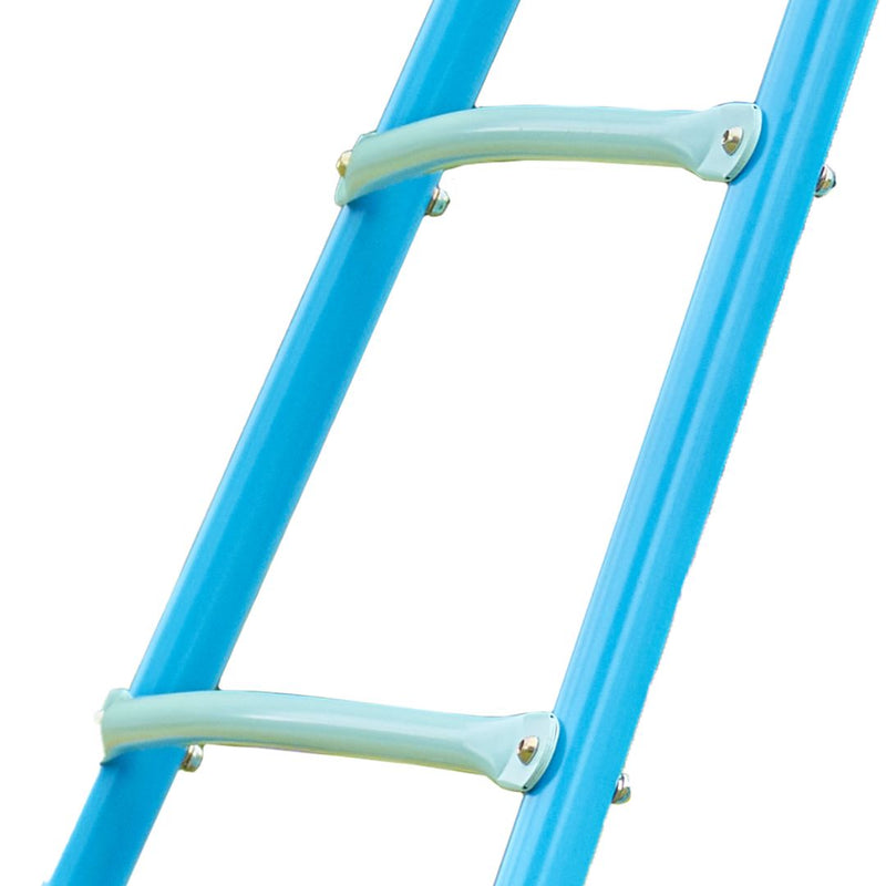 Close-up of the TP UFO Den & Climbing Frame Blue Edition by TP Toys, showing a blue metal ladder with two white rungs, designed to inspire children's imagination, set against a plain white background.