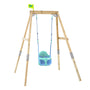 The TP Toys TP Forest Acorn Growable Swing Set with Bluey Quadpod features a green and blue baby swing seat at the center of the wooden frame, topped with a small green flag. FSC® certified for sustainability.