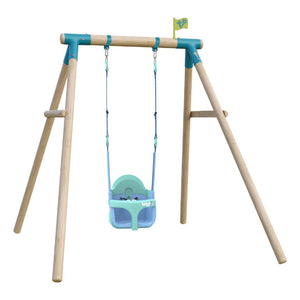 The TP Toys TP Sherwood Single Wooden Swing Set with Bluey Quadpod features PEFC certified wood, blue connectors, a blue and green growable swing seat, and a small yellow flag on top.