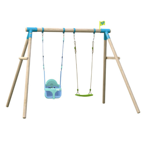 The TP Toys Sherwood Wooden Double Swing features a PEFC certified frame, a Bluey Quadpod growable seat on the left, and a roped Rapide seat on the right—both securely fixed with blue fittings.