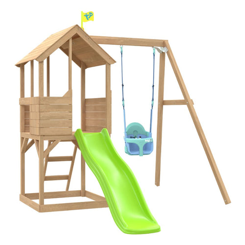 The TP Toys TP Treehouse Wooden Play Tower with Wavy Slide & Bluey Quadpod—FSC® certified—features a small clubhouse, yellow flag, green slide, and toddler quadpod swing on a sturdy frame for garden adventure.