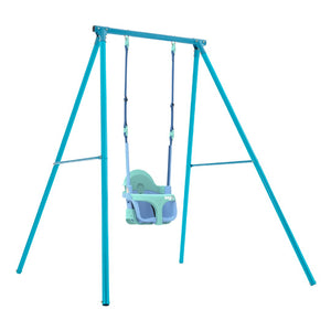 The TP Toys TP Deluxe Single Metal Swing Set with Bluey Quadpod features a suspended plastic baby seat in light blue and teal, offering grow-with-me outdoor fun for little ones.