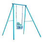 The TP Toys TP Deluxe Single Metal Swing Set with Bluey Quadpod features a suspended plastic baby seat in light blue and teal, offering grow-with-me outdoor fun for little ones.