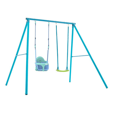 The TP Toys TP Deluxe Double Metal Swing with Rapide & Bluey Quadpod seats features a growable green swing and a teal baby seat, set against a white background.