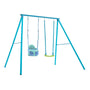 The TP Toys TP Deluxe Double Metal Swing with Rapide & Bluey Quadpod seats features a growable green swing and a teal baby seat, set against a white background.