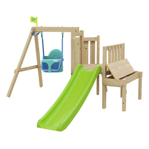 The TP Toys TP Forest Toddler Wooden Bluey Quadpod Swing Set & Slide is an FSC® certified outdoor playset featuring a green slide, bench, 4-in-1 blue toddler swing seat, and yellow flag—a perfect fun tower for toddlers.