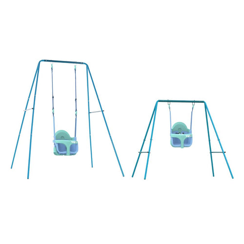 The TP Toys TP Small to Tall 2 in 1 Metal Swing Set with Bluey Quadpod, featuring a growable swing seat for young children, is displayed against a white background.