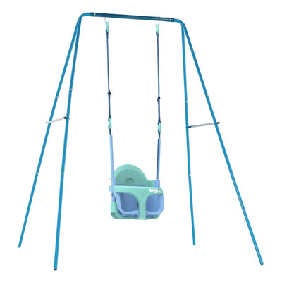 The TP Toys Small to Tall 2 in 1 Metal Swing Set with Bluey Quadpod features a blue frame and an adjustable teal and light blue Quadpod seat, held by sturdy straps, shown against a white background.