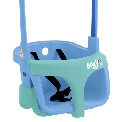 The TP Sherwood Single Wooden Swing Set with Bluey Quadpod by TP Toys features a plastic toddler swing seat with safety straps and Bluey graphics. PEFC certified, it’s ideal as a growable swing seat or for use as part of your child’s Bluey swing set.