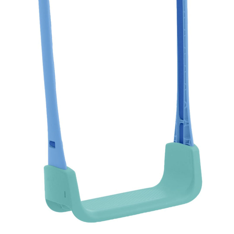 Close-up of the TP Toys Sherwood Single Wooden Swing Set with Bluey Quadpod—PEFC certified—in light blue and teal, featuring two support straps and designed to pair perfectly with any Bluey swing set.