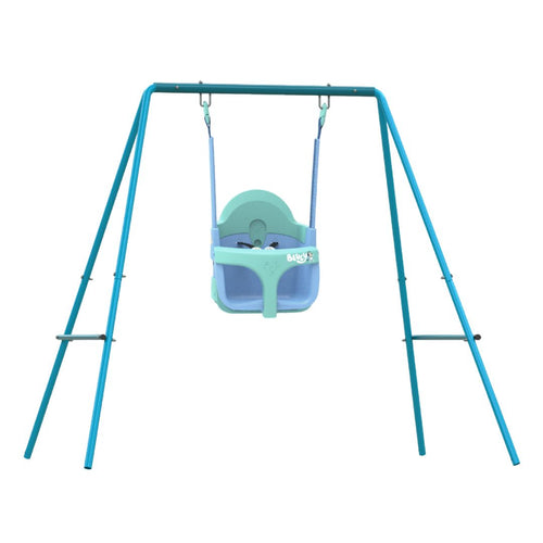 The TP Toys TP Small to Tall 2 in 1 Metal Swing Set with Bluey Quadpod features a blue and teal growable swing seat on a blue metal frame, offering versatility like the Quadpod, shown against a white background.