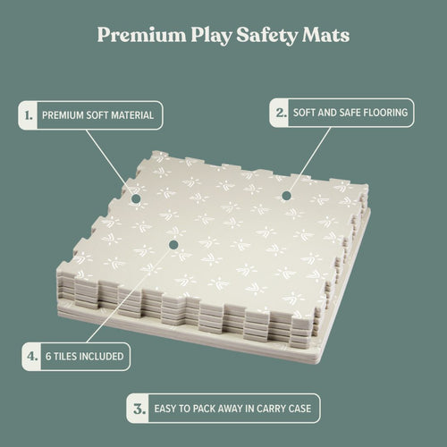 The TP Active-Tots Safety Play Mats by TP Toys include six interlocking beige tiles made from non-toxic foam with a subtle pattern, offering soft, safe flooring for toddler play areas and easy storage.