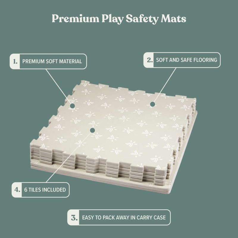 The TP Active-Tots Safety Play Mats by TP Toys include six interlocking beige tiles made from non-toxic foam with a subtle pattern, offering soft, safe flooring for toddler play areas and easy storage.