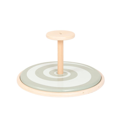 The TP Active-Tots Pikler Style Wooden Spinning Seat from TP Toys features a circular base and central handle, adorned with a light grey and white concentric circle pattern. Crafted from FSC® certified wood, this Montessori-inspired toddler toy encourages sensory play while also serving as a sturdy spinning seat for little ones to enjoy.