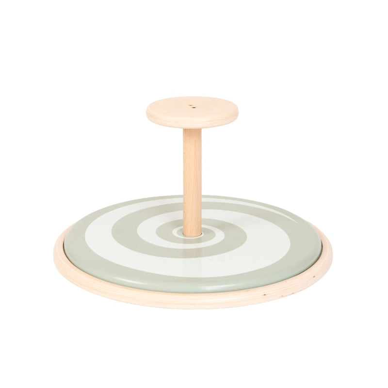 The TP Active-Tots Pikler Style Wooden Spinning Seat from TP Toys features a circular base and central handle, adorned with a light grey and white concentric circle pattern. Crafted from FSC® certified wood, this Montessori-inspired toddler toy encourages sensory play while also serving as a sturdy spinning seat for little ones to enjoy.