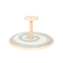 The TP Active-Tots Pikler Style Wooden Spinning Seat from TP Toys features a circular base and central handle, adorned with a light grey and white concentric circle pattern. Crafted from FSC® certified wood, this Montessori-inspired toddler toy encourages sensory play while also serving as a sturdy spinning seat for little ones to enjoy.