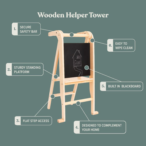 TP Active-Tots Pikler Style Wooden Helper Tower with a built-in blackboard, featuring a safety bar, standing platform, flat steps, and easy-clean surfaces.