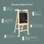 TP Active-Tots Pikler Style Wooden Helper Tower with a built-in blackboard, featuring a safety bar, standing platform, flat steps, and easy-clean surfaces.