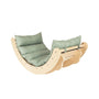 The TP Toys TP Active-Tots Sway Wooden Rocker with Cushion – FSC® certified, designed for two people, features a curved wooden frame with light green cushions and a headrest, shown here photographed on a white background.