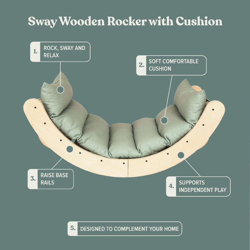 The TP Toys TP Active-Tots Sway Wooden Rocker with Cushion - FSC® certified features a gently curved wooden frame and a soft green cushion, clearly labeled to showcase its smooth rocking motion, plush comfort, elevated base rails for stability, encouragement of independent play, and a stylish design that fits seamlessly into any home.