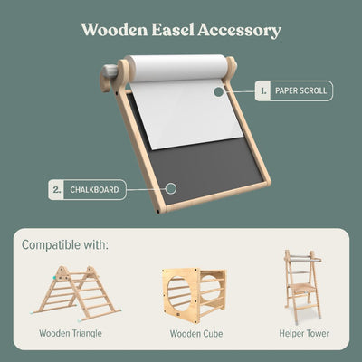 The TP Toys TP Active-Tots Pikler Style Wooden Easel Play Accessory - FSC® certified features a chalkboard and paper scroll, and is compatible with the wooden triangle, wooden cube, and helper tower.