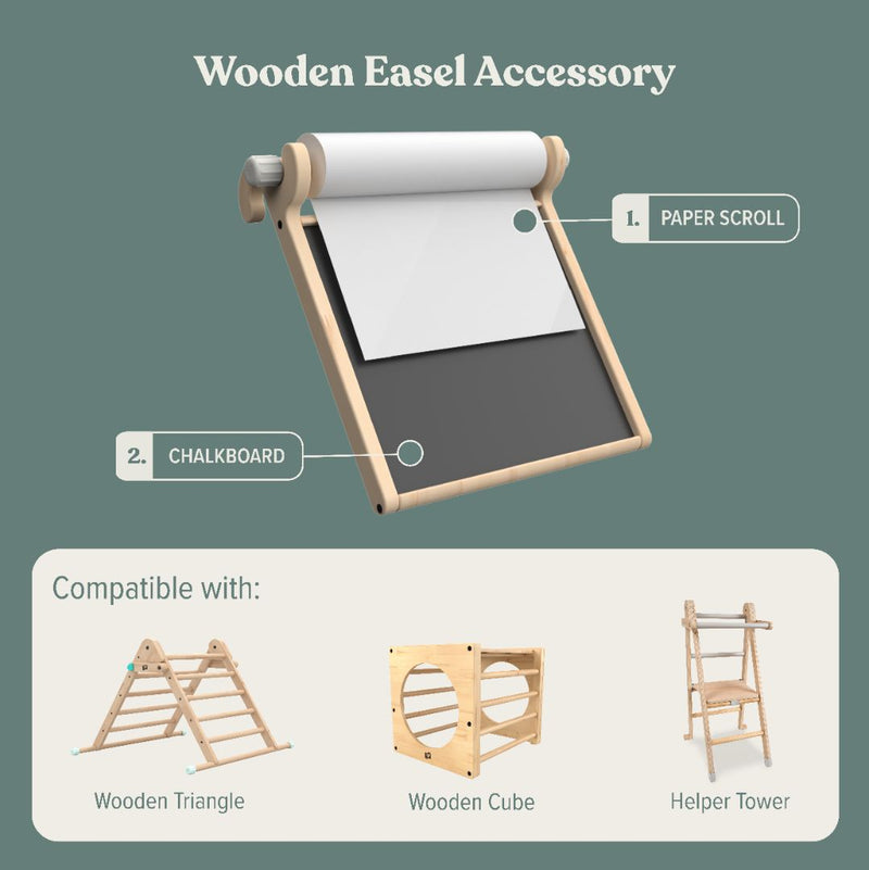 The TP Toys TP Active-Tots Pikler Style Wooden Easel Play Accessory - FSC® certified features a chalkboard and paper scroll, and is compatible with the wooden triangle, wooden cube, and helper tower.