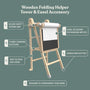 The TP Toys TP Active-Tots Pikler Style Wooden Folding Helper Tower With Play Easel is FSC® certified and features a lock bar, non-slip feet, sturdy platform, easy folding, and a neutral finish—ideal for safe, hands-on learning.